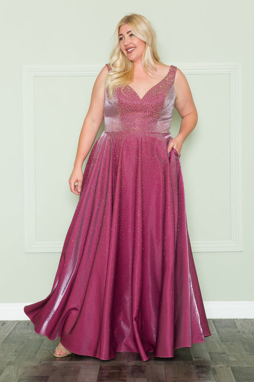 Poly USA W1110 Plus Size Long V-Neck Rhinestone Dress