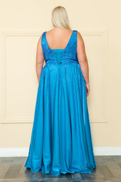 Poly USA W1110 Plus Size Long V-Neck Rhinestone Dress
