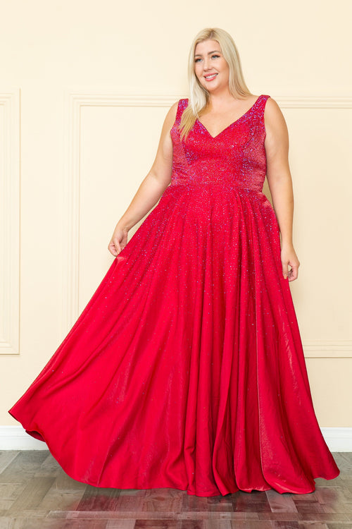 Poly USA W1110 Plus Size Long V-Neck Rhinestone Dress