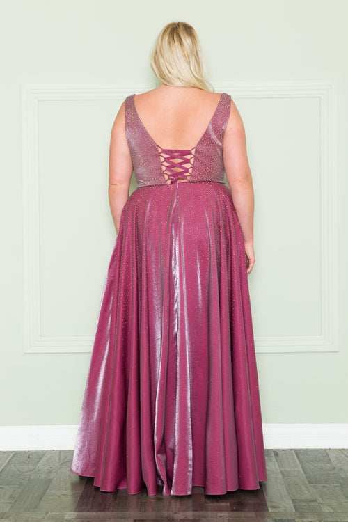 Poly USA W1110 Plus Size Long V-Neck Rhinestone Dress