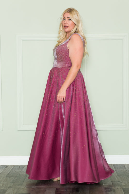 Poly USA W1110 Plus Size Long V-Neck Rhinestone Dress