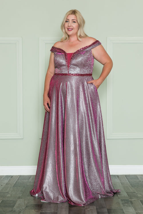 Poly USA W1096 Plus Size Off Shoulder Metallic Glitter Gown