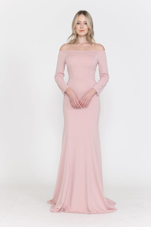 POLY USA 8378 Modest Long Sleeve Off the Shoulder Simple MOB Dress