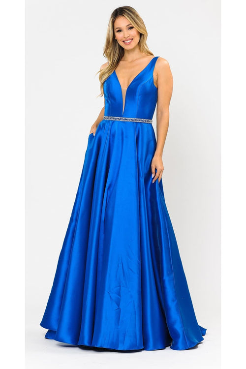 Poly USA 8682 A-Line Mikado V-Neck Red Carpet Formal Long Dress