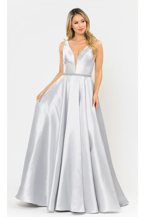 Poly USA 8682 A-Line Mikado V-Neck Red Carpet Formal Long Dress