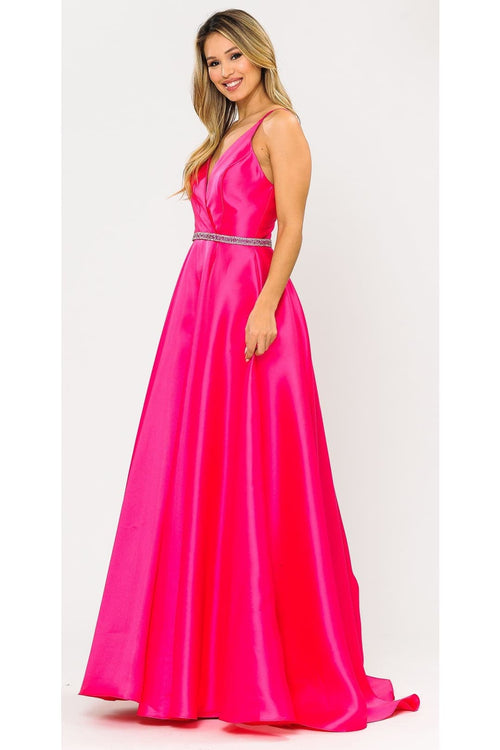 POLY USA 8690 A-Line Special Occasion V-Neck Formal Long Mikado Dress