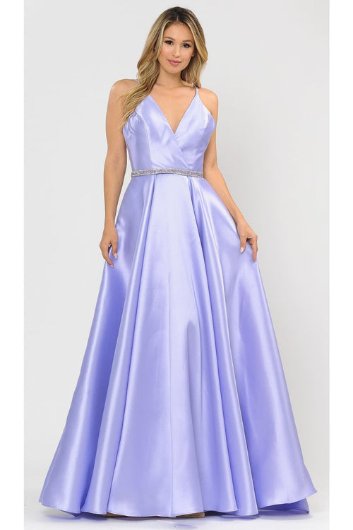 POLY USA 8690 A-Line Special Occasion V-Neck Formal Long Mikado Dress