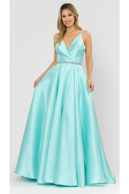 POLY USA 8690 A-Line Special Occasion V-Neck Formal Long Mikado Dress