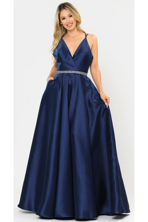 POLY USA 8690 A-Line Special Occasion V-Neck Formal Long Mikado Dress