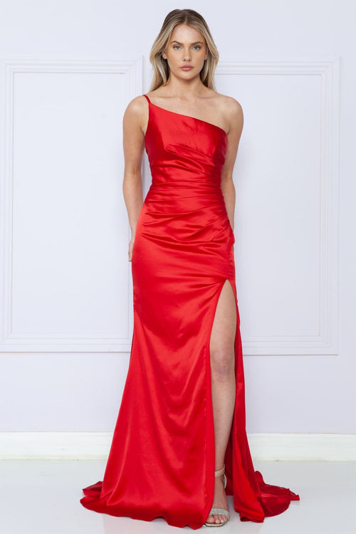 Poly USA 9030 One Shoulder Simple Prom Open Back Formal Evening Dress