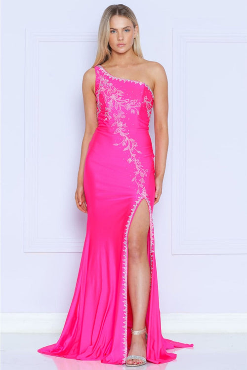 Poly USA 9136 One Shoulder Rhinestone Beaded Evening Gown