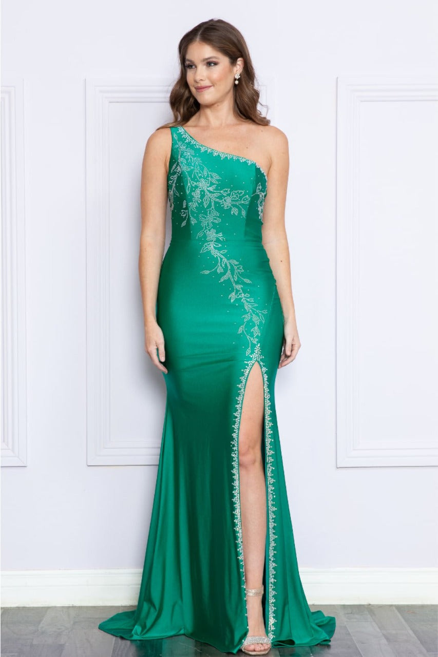 Poly USA 9136 One Shoulder Rhinestone Beaded Evening Gown