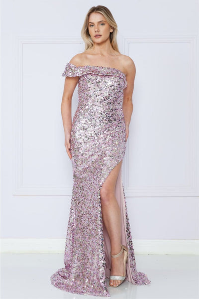 Poly USA 9180 One Arm Band Sequin Multicolor Off shoulder Gala Dress