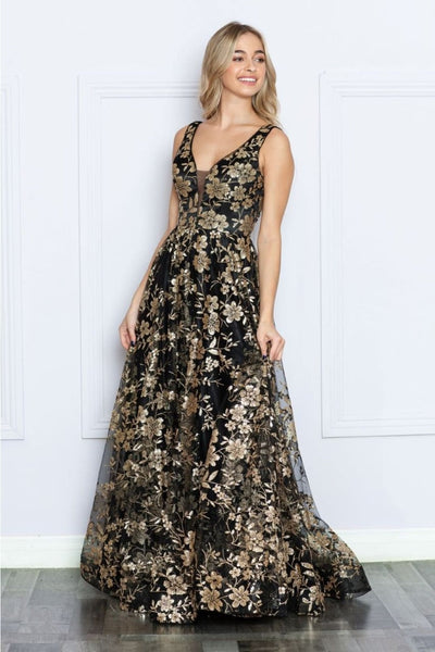 Poly USA 9298 Sleeveless Floral Glitter Print A-Line Evening Prom Gown