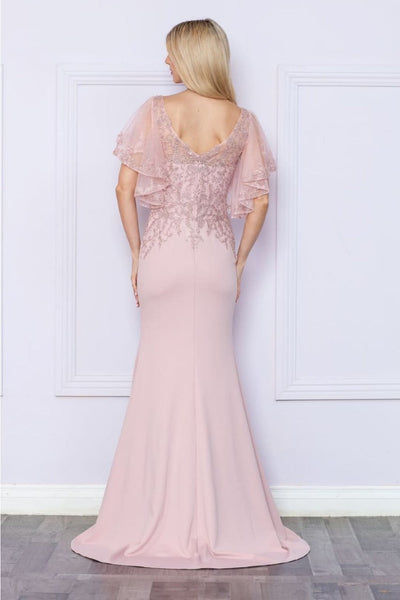 Poly USA 9318 Short Flutter Sleeve V-Neck Embroidered Evening Gown