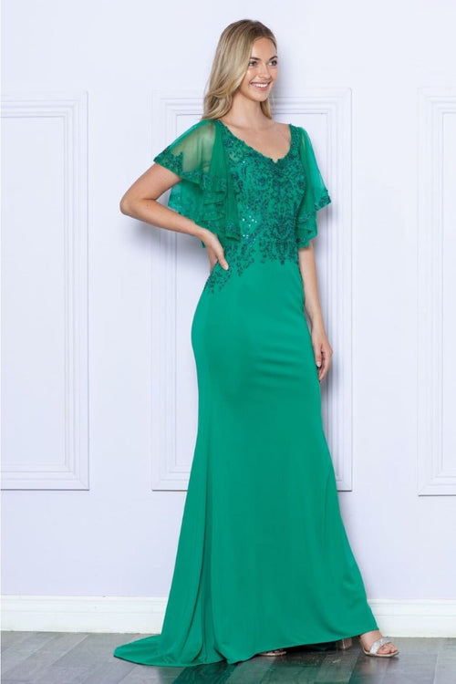 Poly USA 9318 Short Flutter Sleeve V-Neck Embroidered Evening Gown