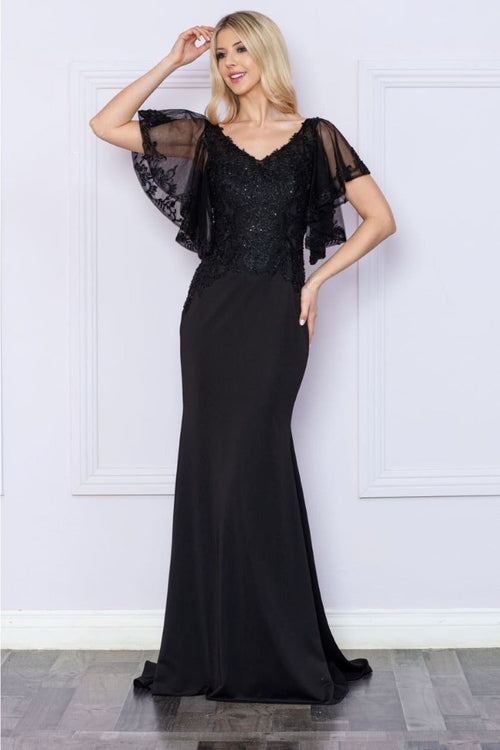 Poly USA 9318 Short Flutter Sleeve V-Neck Embroidered Evening Gown