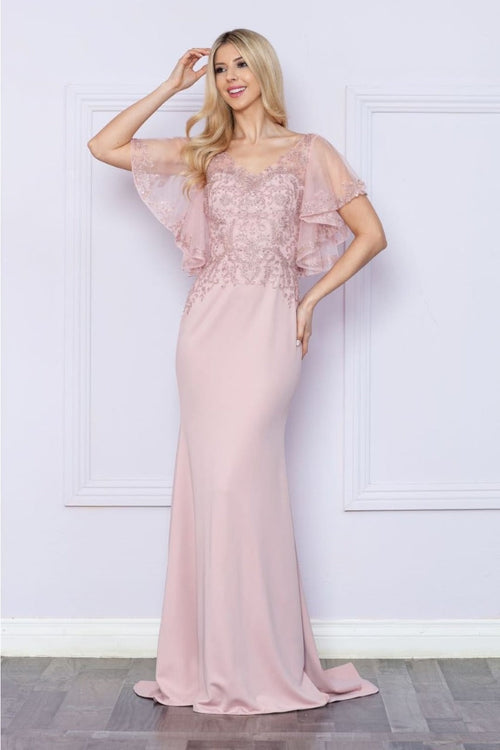 Poly USA 9318 Short Flutter Sleeve V-Neck Embroidered Evening Gown