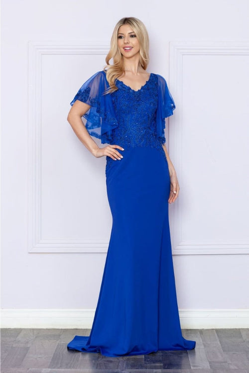 Poly USA 9318 Short Flutter Sleeve V-Neck Embroidered Evening Gown