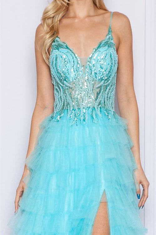 Poly USA 9408 Sheer Bodice Ruffle Sequin Corset Evening Gown