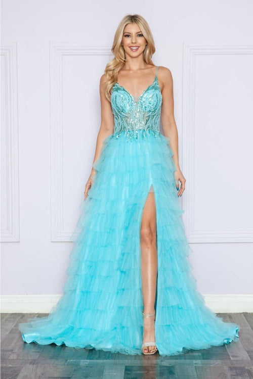 Poly USA 9408 Sheer Bodice Ruffle Sequin Corset Evening Gown