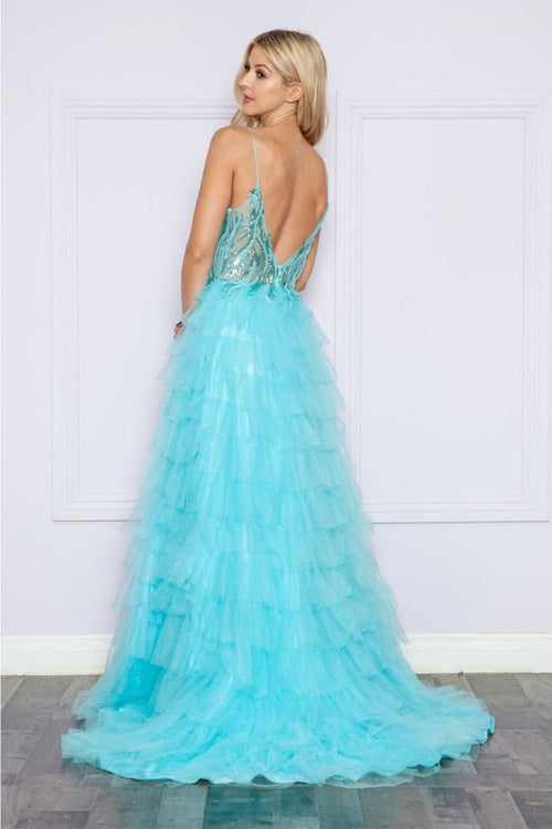 Poly USA 9408 Sheer Bodice Ruffle Sequin Corset Evening Gown