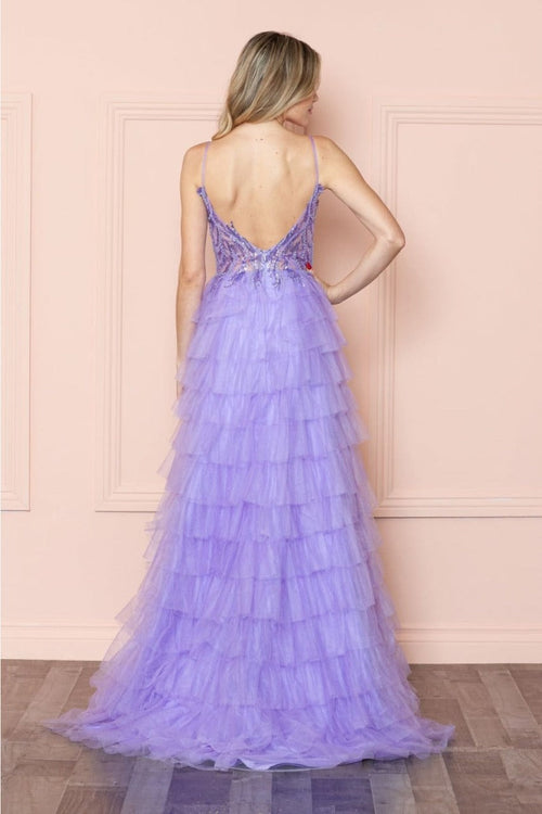 Poly USA 9408 Sheer Bodice Ruffle Sequin Corset Evening Gown