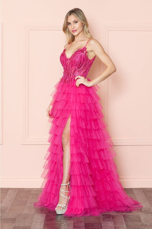 Poly USA 9408 Sheer Bodice Ruffle Sequin Corset Evening Gown
