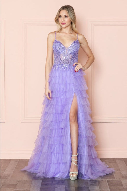 Poly USA 9408 Sheer Bodice Ruffle Sequin Corset Evening Gown