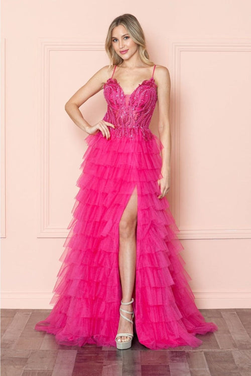 Poly USA 9408 Sheer Bodice Ruffle Sequin Corset Evening Gown