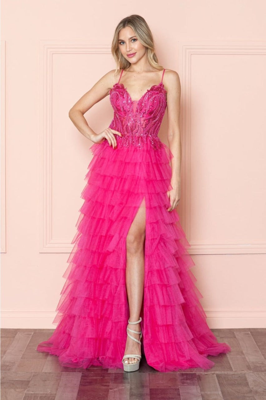 Poly USA 9408 Sheer Bodice Ruffle Sequin Corset Evening Gown