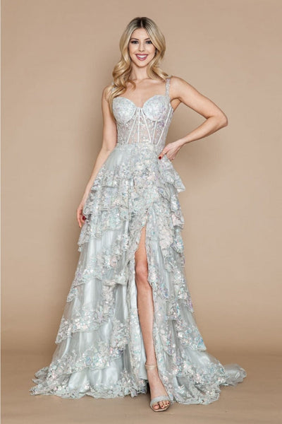 Poly USA 9410 Corset Floral Lace Embroidered Ruffle Prom Gown