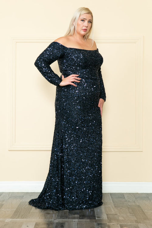 POLY USA W8876 Off Shoulder Sequins Plus Size Evening Gown
