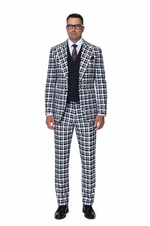 Statement Men’s 3-Piece 100% Wool Fashion Suit – Unique Checker Pattern