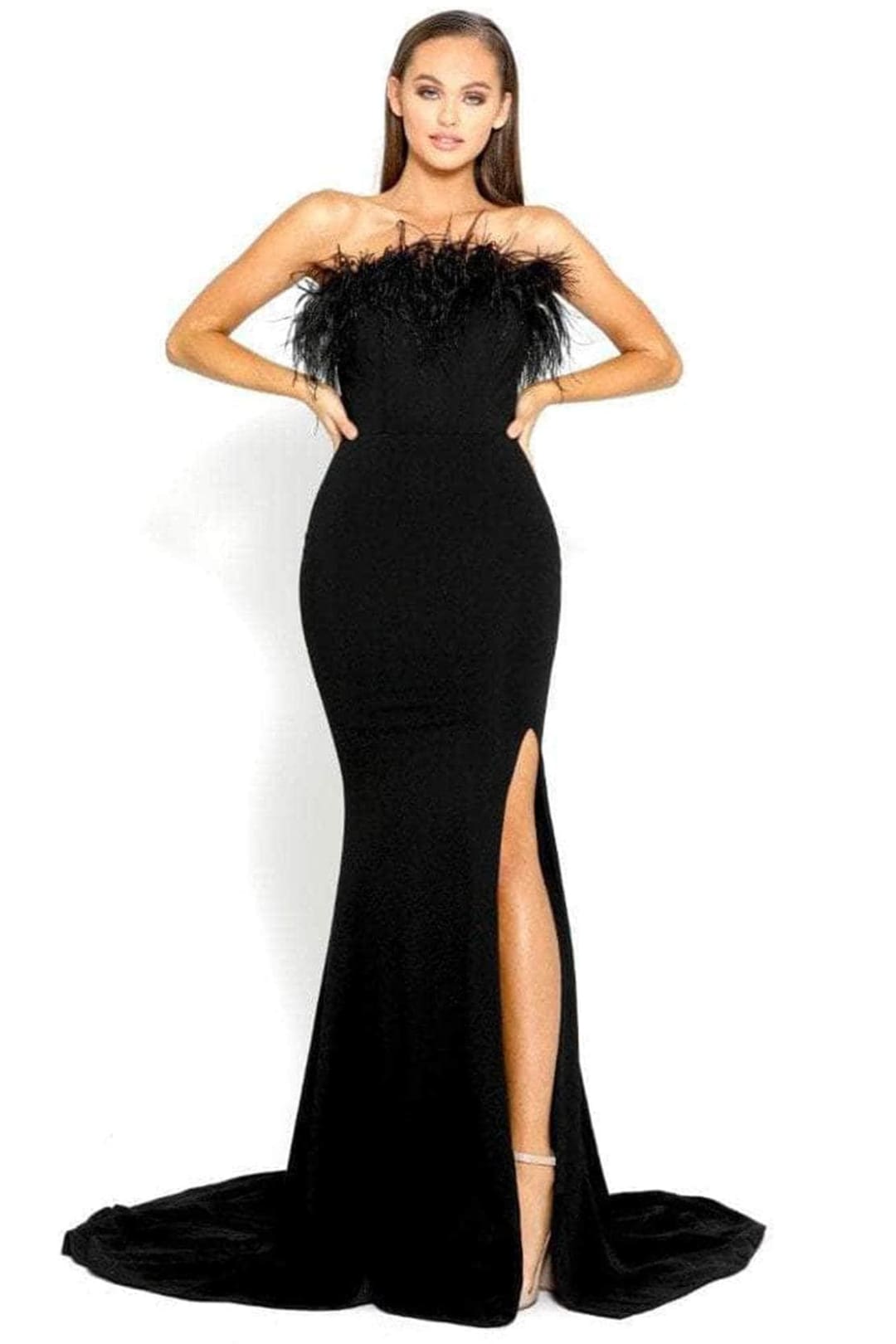 Portia and Scarlett PS2026 -long- Prom Dress with Slit and Feather Trim