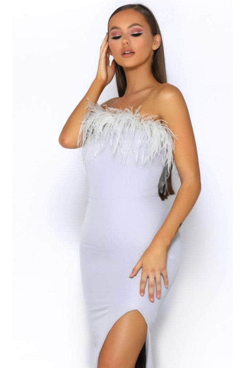Portia and Scarlett PS2026 -long- Prom Dress with Slit and Feather Trim