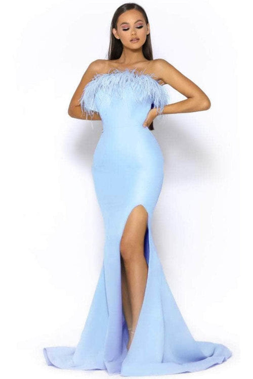 Portia and Scarlett PS2026 -long- Prom Dress with Slit and Feather Trim