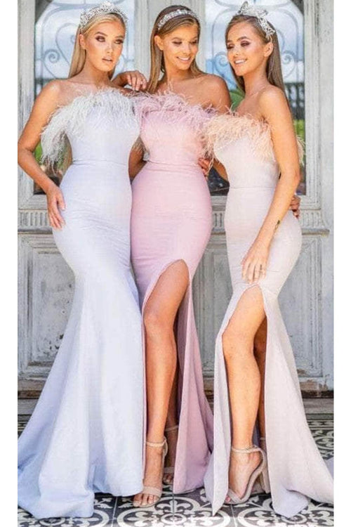 Portia and Scarlett PS2026 -long- Prom Dress with Slit and Feather Trim