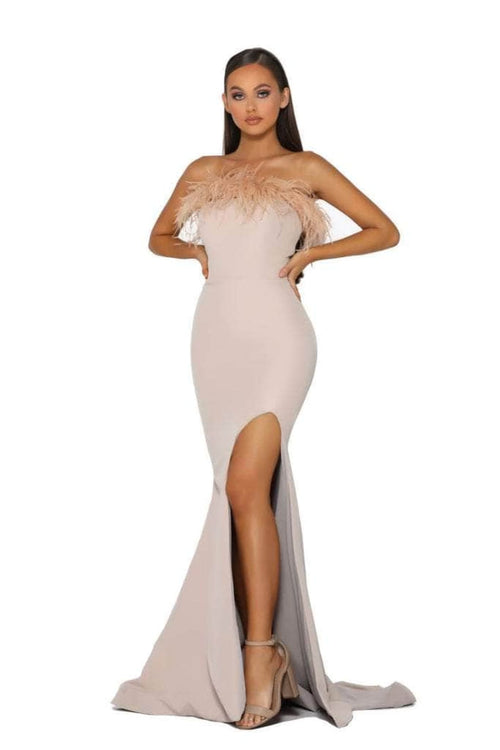 Portia and Scarlett PS2026 -long- Prom Dress with Slit and Feather Trim