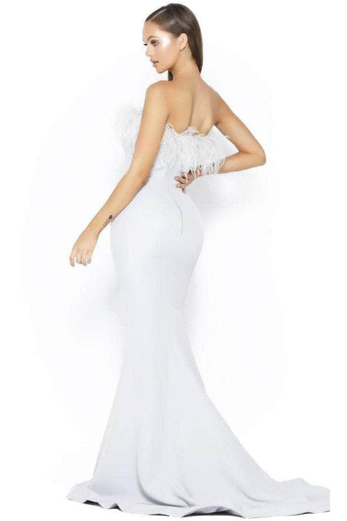 Portia and Scarlett PS2026 -long- Prom Dress with Slit and Feather Trim