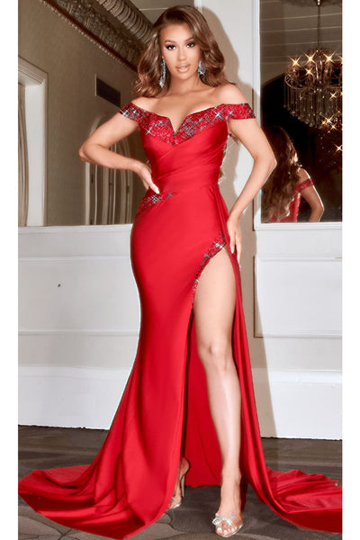 Portia and Scarlett PS22570 -long- Pleated Off-Shoulder Formal Gown for Elegant Styling