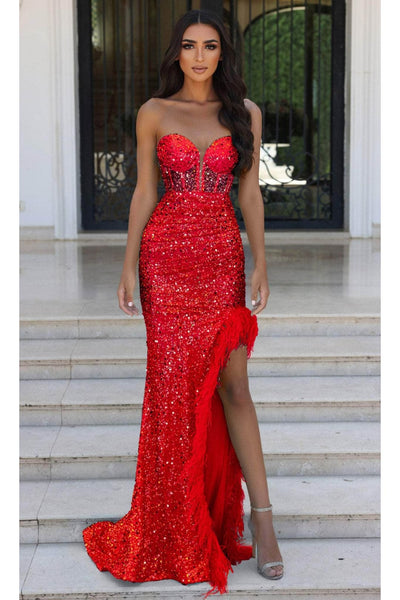 Portia and Scarlett PS23029 -long- Corset Evening Gown with Feather Slit