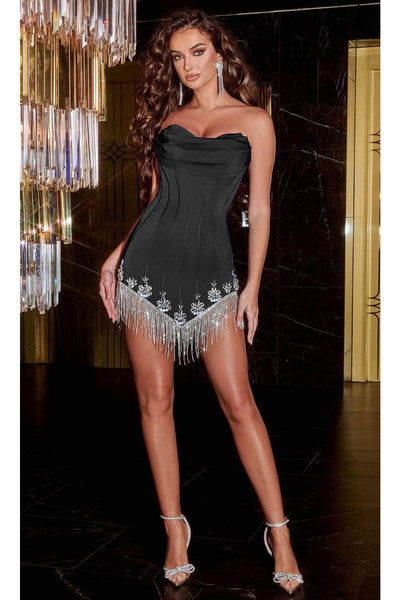 Portia & Scarlett PS23178 Black Strapless Fringe Short Cocktail Dress