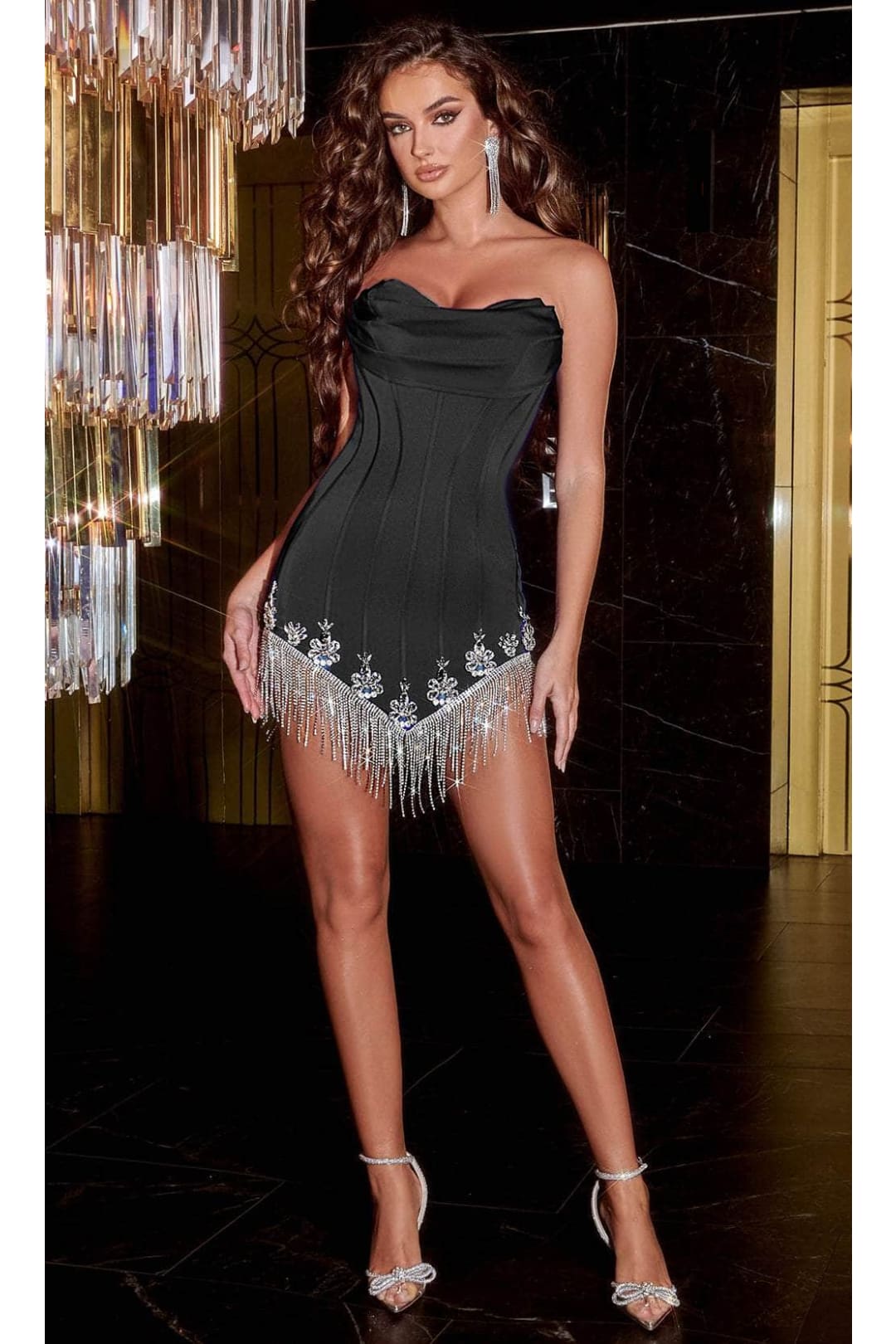 Portia & Scarlett PS23178 Black Strapless Fringe Short Cocktail Dress