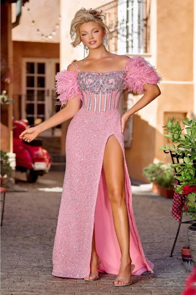 Portia and Scarlett PS23741C Off-Shoulder Feather Fringe Evening Gown
