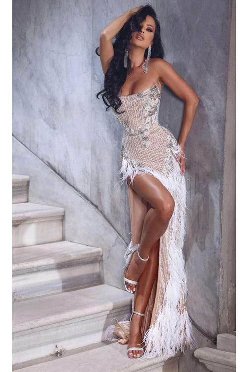 Portia and Scarlett PS23748C -long- Strapless Feathered Sheath Prom Dress