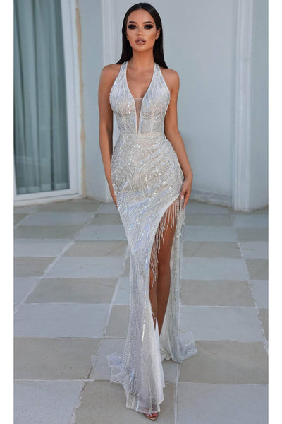 Portia and Scarlett PS23964 - Long -Dress with Sheer V-Neck
