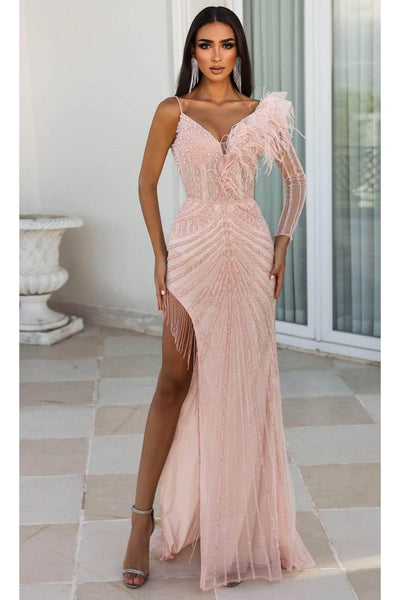 Portia and Scarlett PS23989 Coral Sexy Asymmetric Fringe Evening Dress