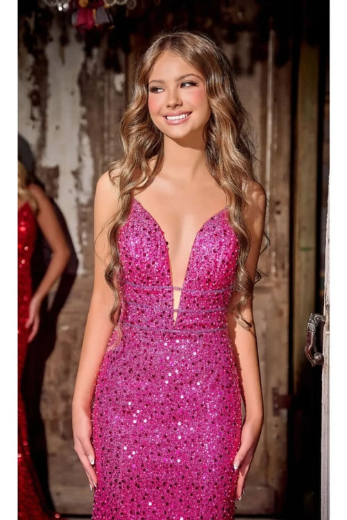 Portia and Scarlett PS24041 Plunging Neck Sequin Mermaid long Dress