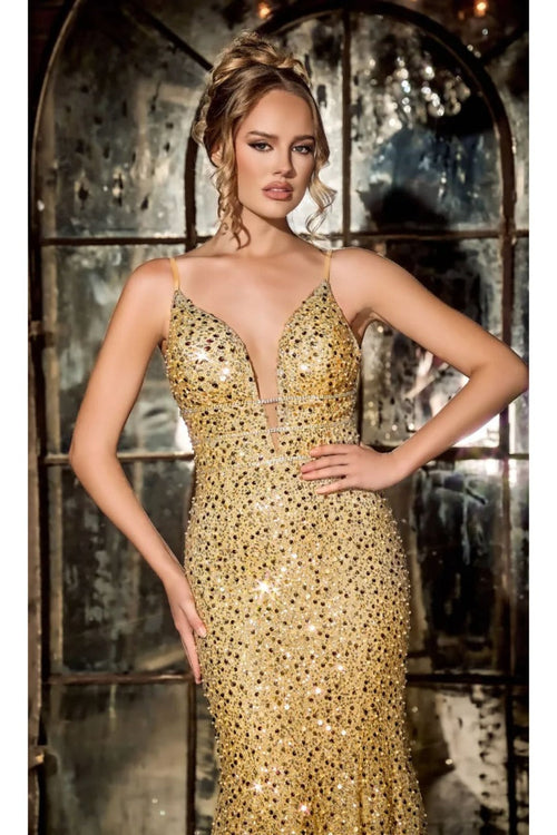 Portia and Scarlett PS24041 Plunging Neck Sequin Mermaid long Dress